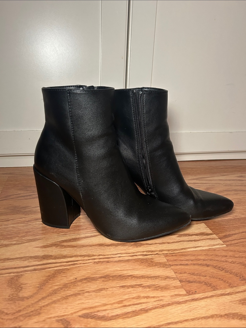 Sugar Black Pointed Toe Ankle Booties with Block Heel